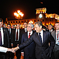 Presidents of Armenia and France during the night walk on the Republic Square in Yerevan-06.10.2011