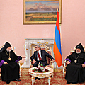 President Serzh Sargsyan meets with the Catholicos of All Armenians Garegin II and Catholicos of the Great House of Cilicia Aram I at the Presidential Palace