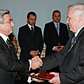 President Serzh Sargsyan is decorating the member of the Council of the Federation of the RA Federal Assembly Nikolay Ryzhkov with the highest title of the land – the National Hero of Armenia-06.12.2008