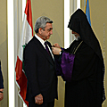President Serzh Sargsyan during his official visit to Lebanon is decorated with the Cilician Cross - the highest award of the Catholicosat - by His Holiness Aram I, Catholicos of the Great House of Cilicia in Antelias